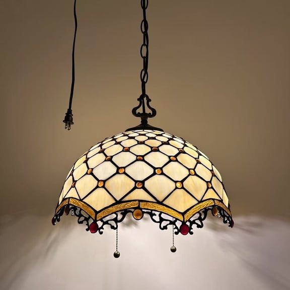 Tiffany Style Pendant Lights Fixture Beige Stained Glass Crystal Beans LED Bulb Included for Dining Room Kitchen Island 16"W*16"D*75"H