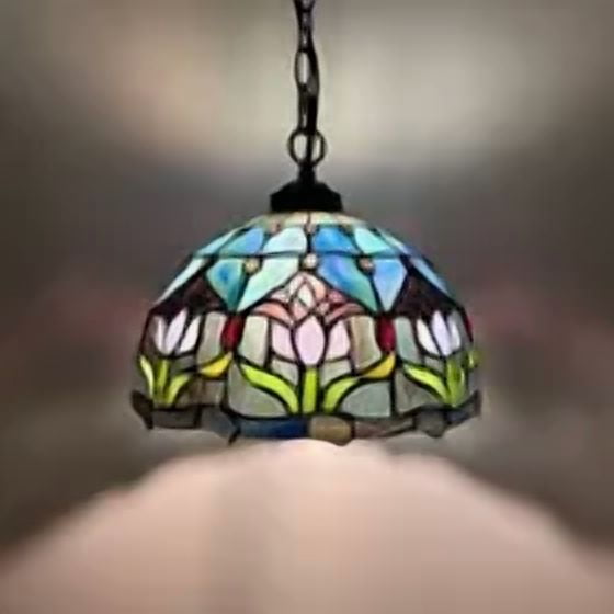 Tiffany Pendant Lights Fixture Blue Purple Stained Glass Tulips LED Bulb Included for Dining Room Hotel Restaurant Cafe 12"W*12"D*60"H