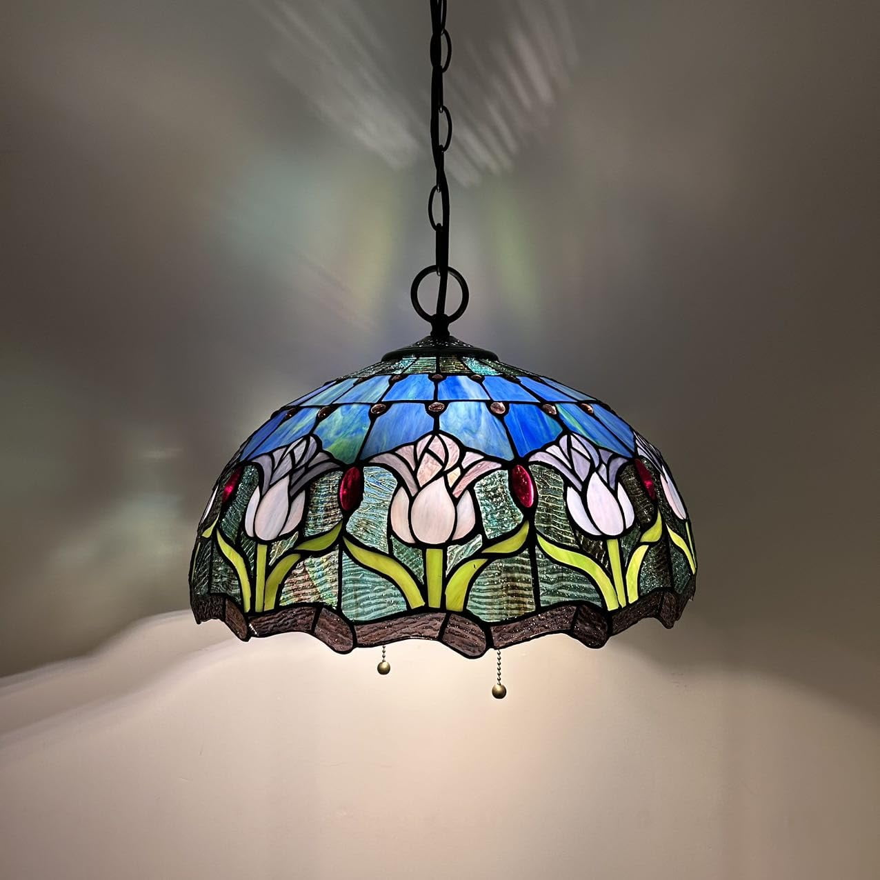 Tiffany Pendant Lights Fixture Blue Purple Stained Glass Tulips LED Bulb Included for Dining Room Hotel Restaurant Cafe 16"W*16"D*75"H