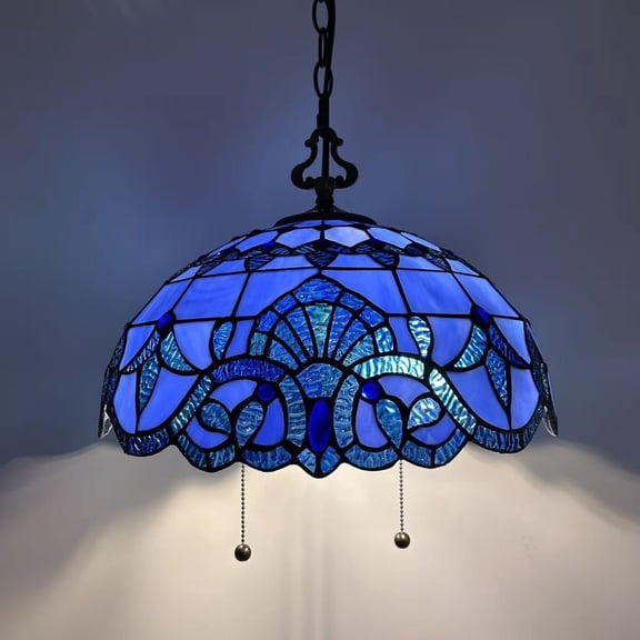 Blue Stained Glass Pendant Lights Fixture Baroque Style LED Bulb Included for Dining Room Kitchen 16"W*16"D*75"H
