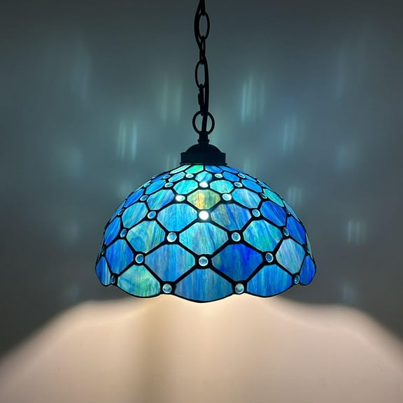Tiffany Pendant Lights Fixture Blue Stained Glass Crystal Beans LED Bulb Included for Dining Room Hotel Restaurant Cafe 12"W*12"D*60"H