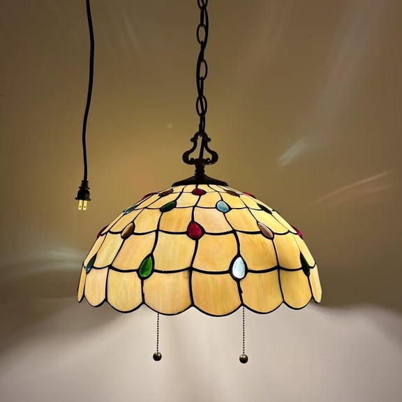 Tiffany Style Pendant Lights Fixture Gold Stained Glass Crystal Beans LED Bulb Included for Dining Room Kitchen Island 16"W*16"D*75"H