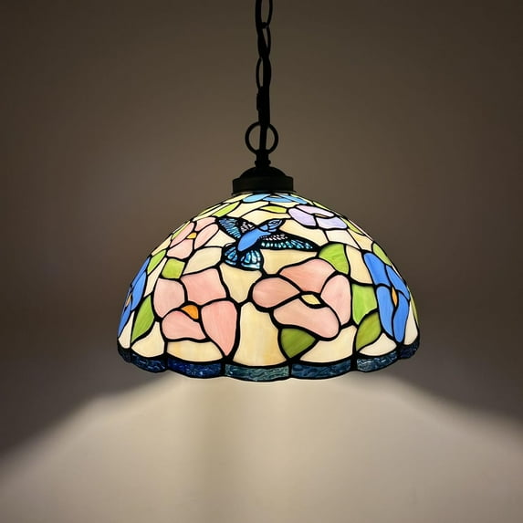 Tiffany Pendant Lights Fixture Pink Blue Stained Glass Hummingbird Flowers LED Bulb 12”W*12”D*60”H