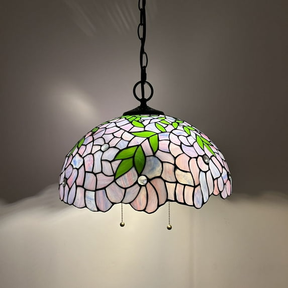 Tiffany Pendant Lights Fixture Purple Stained Glass Green Leaves LED Bulb Included for Dining Room Hotel Restaurant Cafe 16"W*16"D*75"H