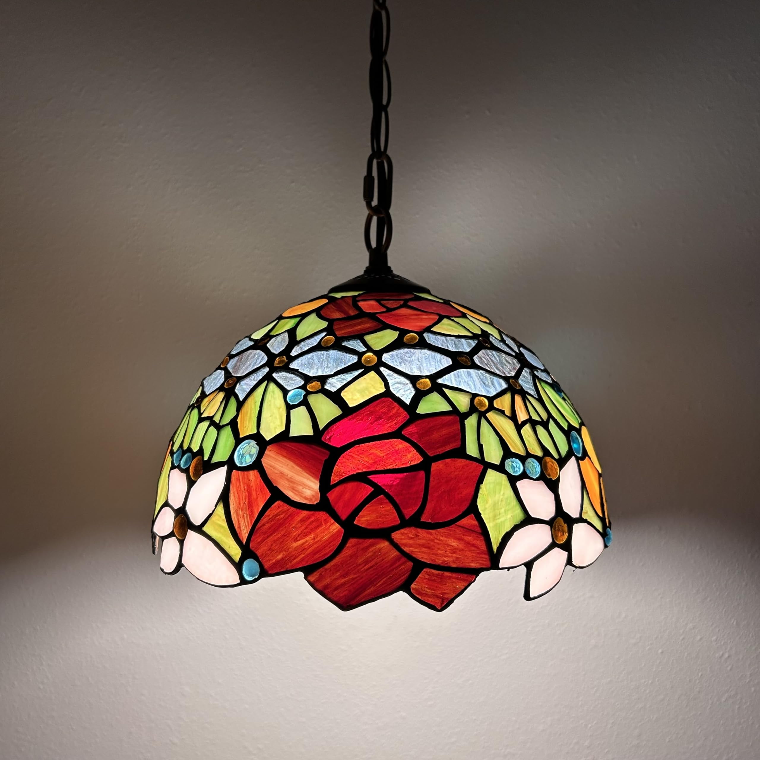 Tiffany Pendant Lights Fixture Red Orange Stained Glass Rose Flowers LED Bulb Included for Dining Room Hotel Restaurant Cafe 12"W*12"D*60"H
