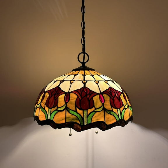 Tiffany Pendant Lights Fixture Stained Glass Red Tulips LED Bulb Included for Dining Room Hotel Restaurant Cafe 16"W*16"D*75"H