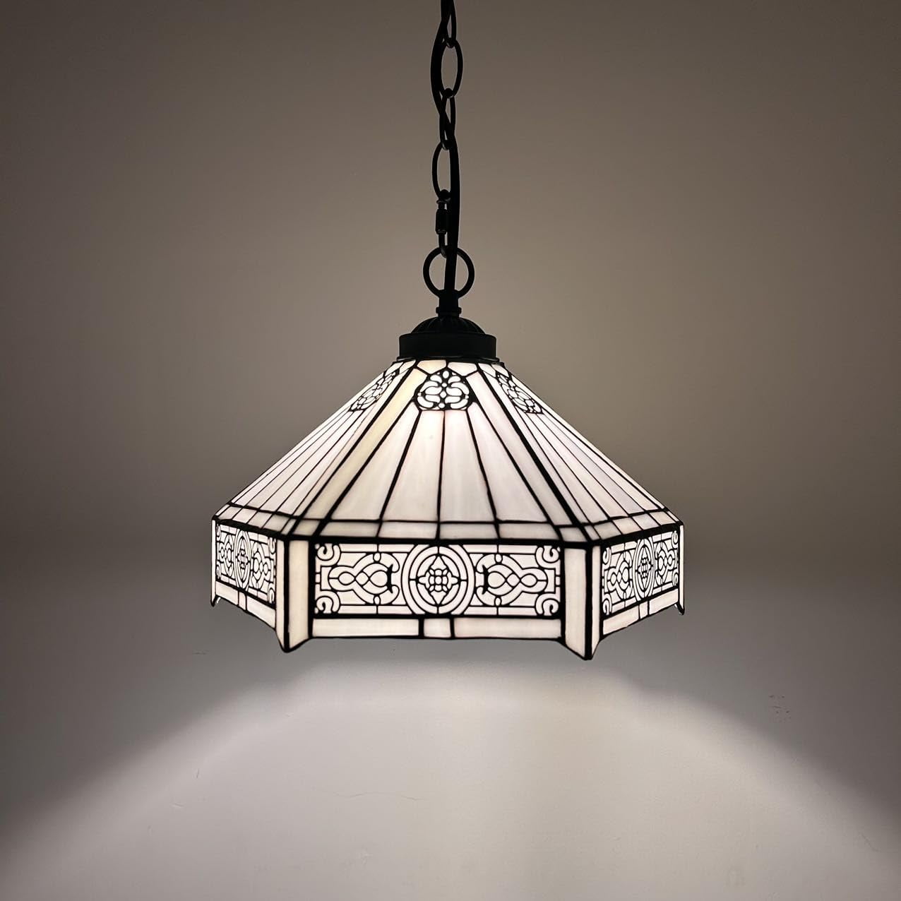 Tiffany Hexagon Stained Glass LED Pendant Light, 12-Light, White Fixture