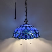Tiffany Pendant Lights Plug In Blue Stained Glass Baroque Style LED Bulb Included for Dining Room Hotel Restaurant Cafe 16"W*16"D*75"H