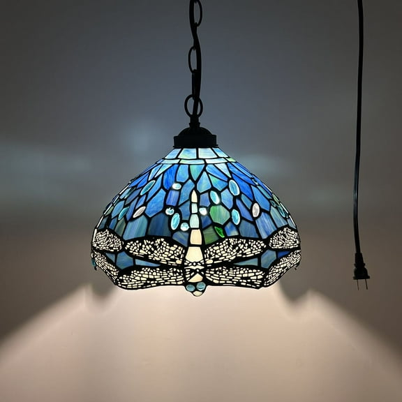Tiffany Pendant Lights Plug In Blue Stained Glass Dragonfly LED Bulb Included for Dining Room 12"W*12"D*60"H