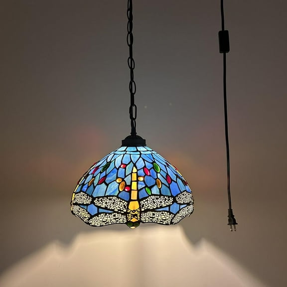 Tiffany Pendant Lights Plug In Blue Stained Glass Dragonfly LED Bulb Included for Dining Room 12"W*12"D*60"H