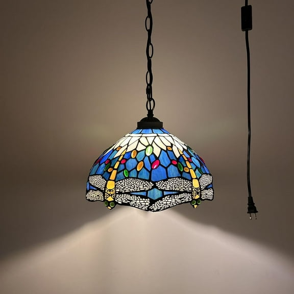 Tiffany Pendant Lights Plug In Blue Stained Glass Dragonfly LED Bulb Included for Dining Room Hotel Restaurant Cafe 12"W*12"D*60"H