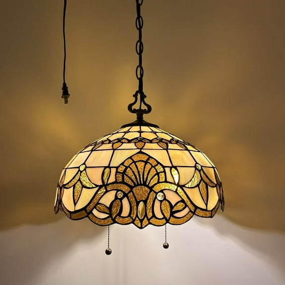 Tiffany Pendant Lights Plug In Gold Stained Glass Baroque Style LED Bulb Included 16”W*16”D*75”H