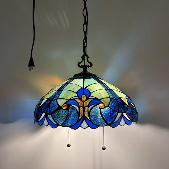Tiffany Pendant Lights Plug In Green Blue Stained Glass LED Bulb Included for Dining Room Hotel Restaurant Cafe 16"W*16"D*75"H