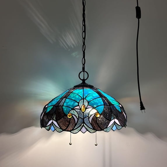 Tiffany Pendant Lights Plug In Green Brown Stained Glass LED Bulb Included for Dining Room Hotel Restaurant Cafe 16"W*16"D*75"H