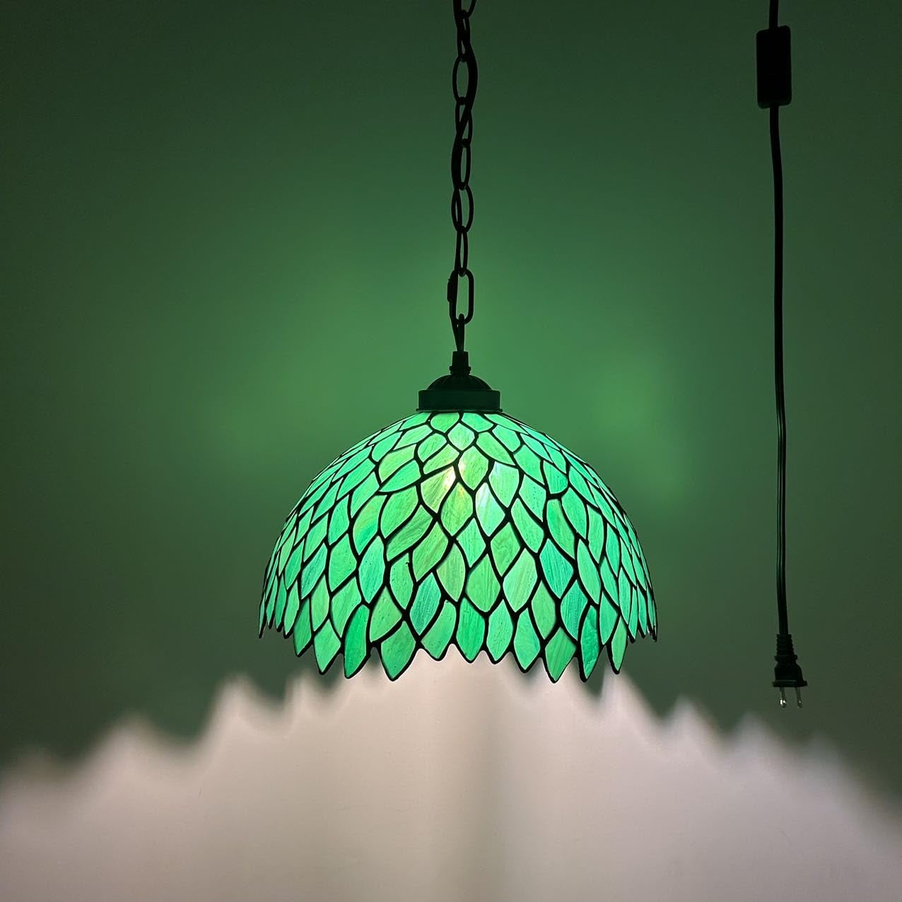 Green Stained Glass Leaves LED Pendant Light with Bronze Finish