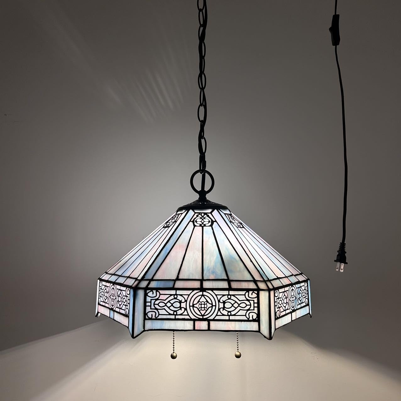 Tiffany Pendant Lights Plug In Pink Blue Stained Glass Hexagon LED Bulb Included for Dining Room 16"W*16"D*75"H