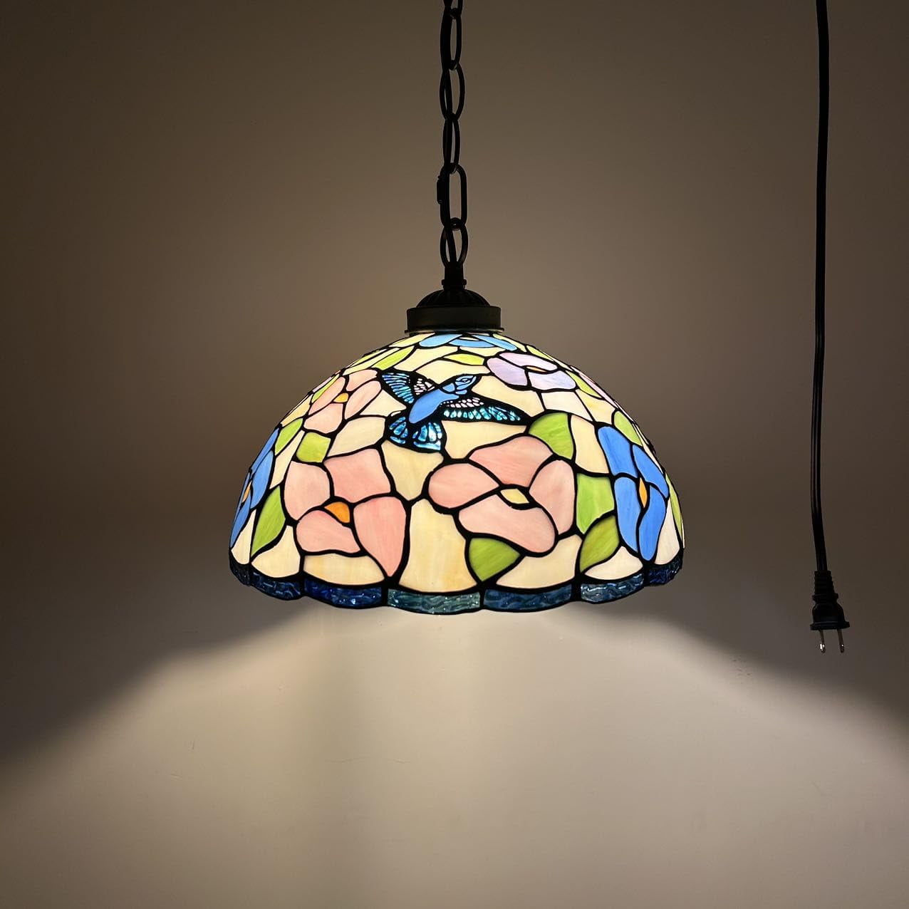 Bronze Stained Glass Hummingbird Pendant Light with LED Bulb