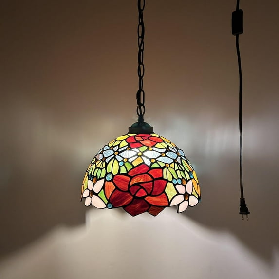 Tiffany Pendant Lights Plug In Red Orange Stained Glass Rose Flowers LED Bulb Included for Dining Room 12"W*12"D*60"H