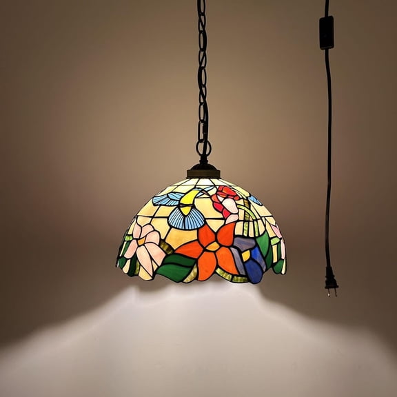 Tiffany Pendant Lights Plug In Stained Glass Hummingbird Flowers LED Bulb Included for Dining Room Hotel Restaurant Cafe 12"W*12"D*60"H