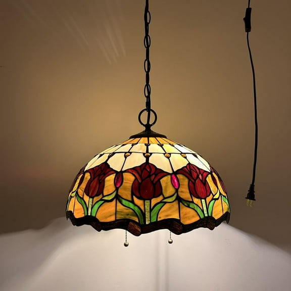 Tiffany Pendant Lights Plug In Stained Glass Red Tulips LED Bulb Included for Dining Room Hotel Restaurant Cafe 16"W*16"D*75"H