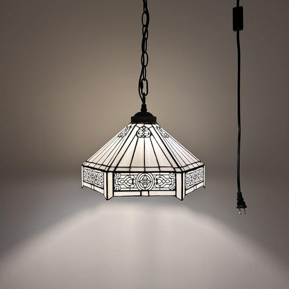 Tiffany Pendant Lights Plug In White Hexagon Stained Glass LED Bulb Included for Dining Room 12"W*12"D*60"H