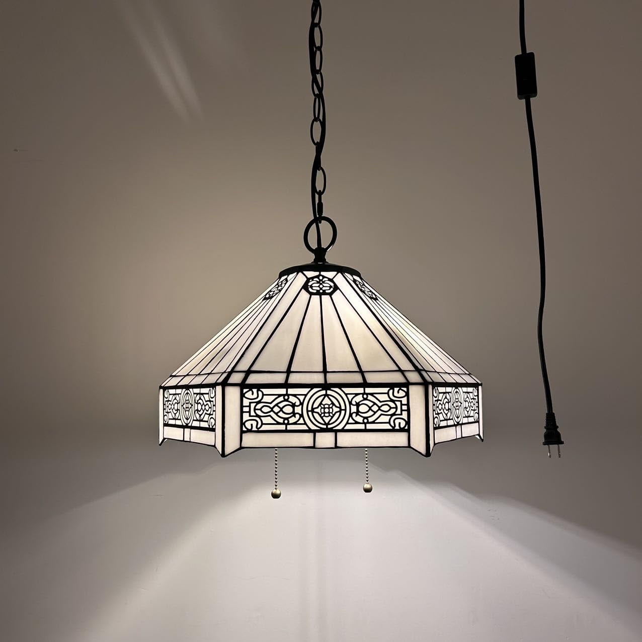 Tiffany Pendant Lights Plug In White Hexagon Stained Glass LED Bulb Included for Dining Room Hotel Restaurant Cafe 16"W*16"D*75"H