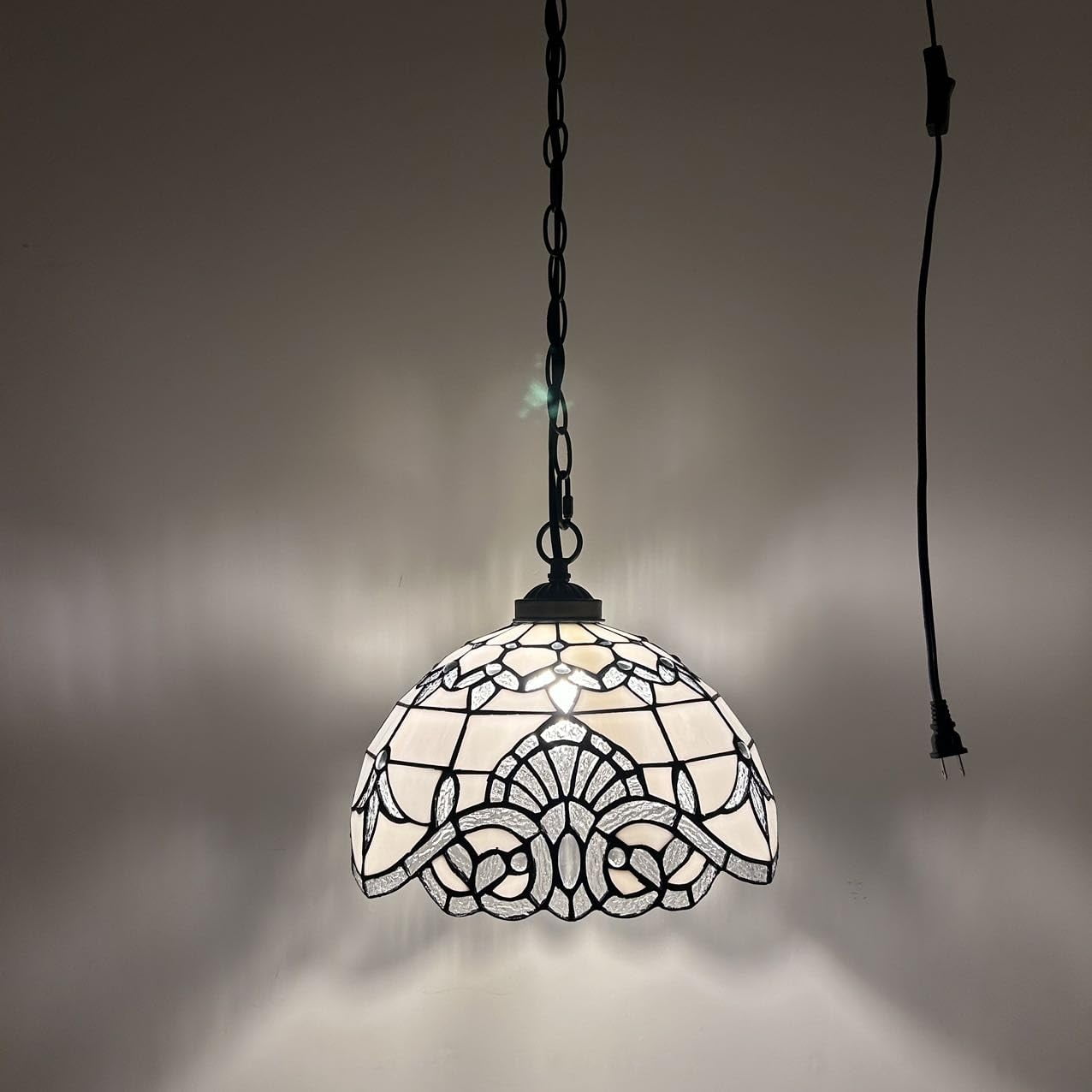 White Stained Glass Bronze LED Pendant Light, 60" Height