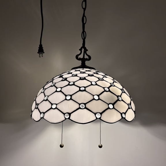 White Stained Glass Pendant Lights Plug In Crystal Beans LED Bulb Included for Dining Room Kitchen Living Room 16"W*16"D*75"H