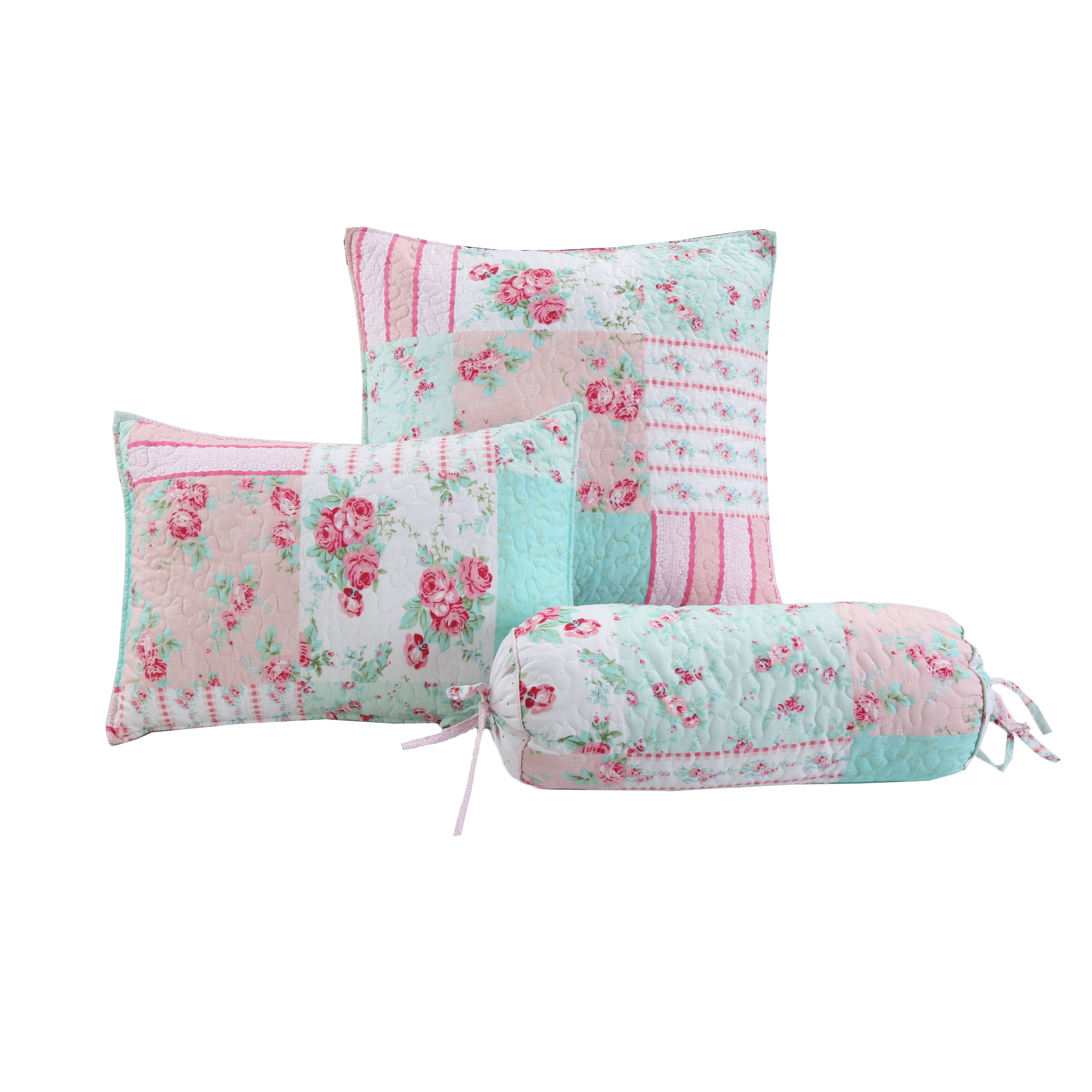 Floral Pink and Blue Polyester 3-Piece Throw Pillow Set