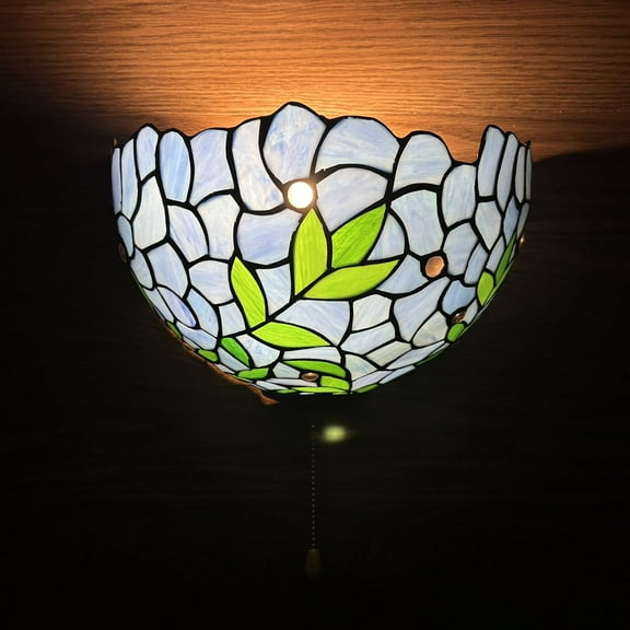 Tiffany Sconces Lamp Blue Stained Glass Green Leaves Half Moon Pull Chain Switch LED Bulb Included for Bedroom Dining Room Living Room 7"H12"W