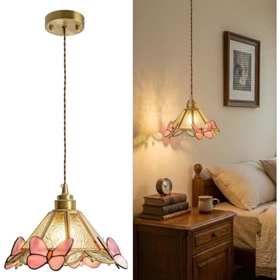 Tiffany Stained Glass Butterfly Pendant Light, Small Vintage Chandelier Light Fixture, 8.7" Hanging Lighting Fixtures for Kitchen Island, Dining Room, Living Room, Bedroom, Cafe
