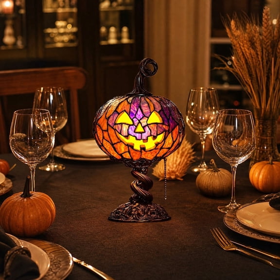 Halloween Pumpkin Table Lamp,8.7 in,Stained Glass Jack-O'-Lantern Night Light,USB Mosaic Desk Decor for Gothic Bedroom Halloween Party