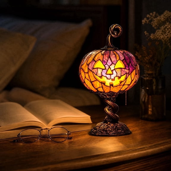 Stained Glass Jack-O-Lantern Table Lamp,Twisted Stem Carved Base with Warm Glow,Perfect Fall Halloween Decor for Desktop,Mantel