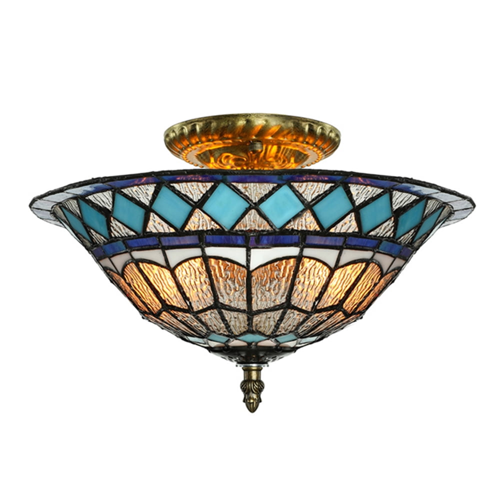 Tiffany Stained Glass Style Ceiling Lamp Blue Diamond Pattern 12" Flush Mount Ceiling Light for Dining Room Bedroom Corridor