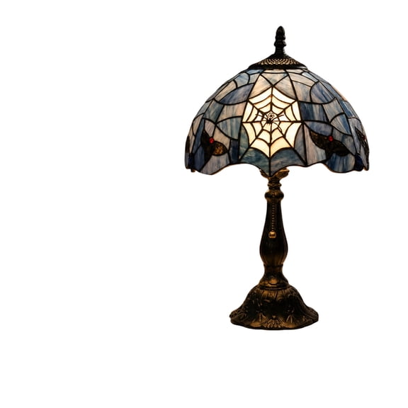 Tiffany Stained Glass Table Lamp, Blue Spider Web Accent Lamp with Bat Design, Mini Gothic Night Light for Halloween Decor, Bedroom, Living Room, Bookshelf and Fireplace Mantel