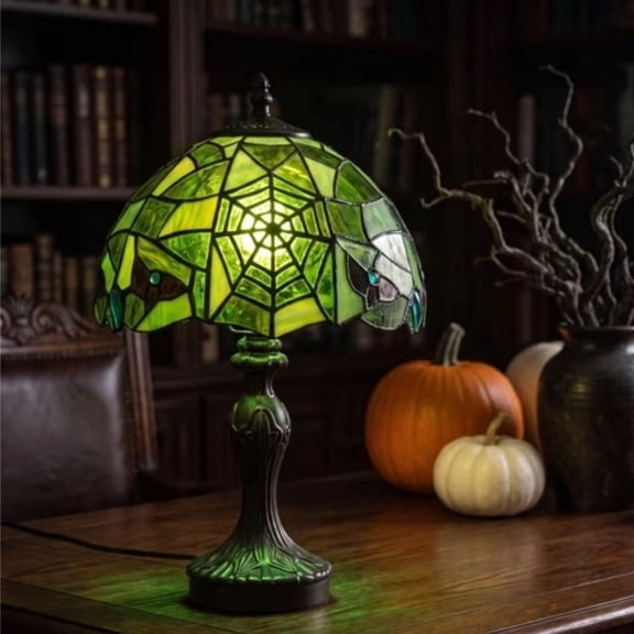 Tiffany Stained Spiderweb Lamp, Gothic Victorian Table Lamp, Halloween Home Decor Accent Light, 7.9 Inch