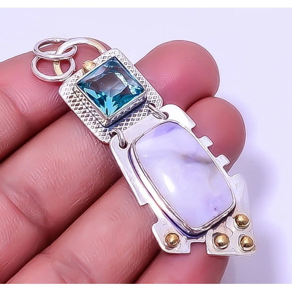 Tiffany Stone - Utah Gemstone 925 Sterling Silver Two Tone Pendant 2.50" A384, Christmas Gift, Gemstone Silver Jewelry, Bertrandite Pendant, New Year