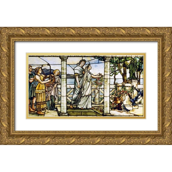 Tiffany Studios 32x19 Gold Ornate Wood Framed with Double Matting Museum Art Print Titled - Group of Maidens
