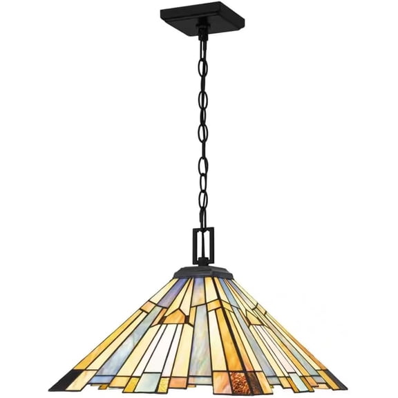 Tiffany Style 3-Light Pendant with Matte Black Metal Finish and Multicolor Geometric Tiffany Glass Shade, Damp Rated, Compatible with LED Bulbs