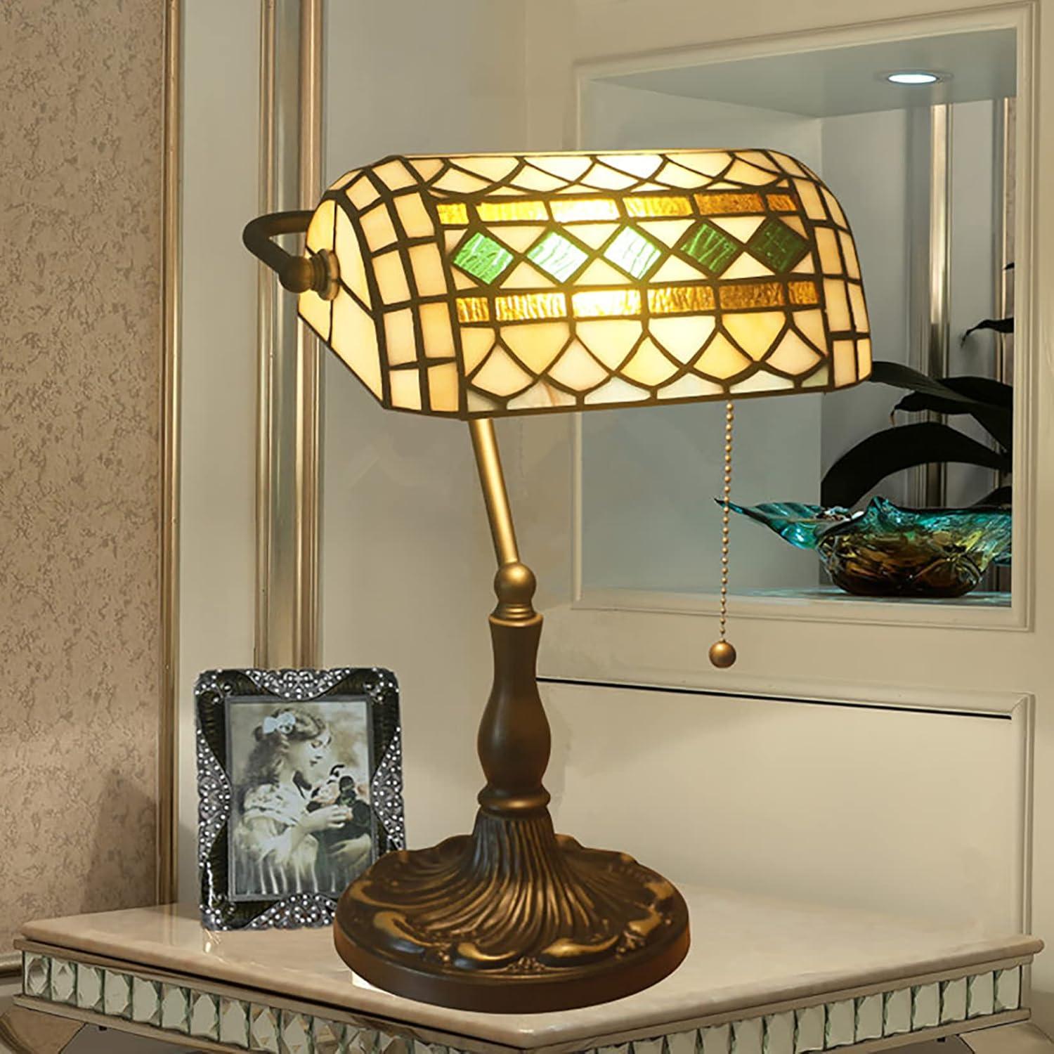 Simple Designs Executive Banker's Desk Lamp - Antique Nickel With White Glass Shade, Perfect For Home Office Or Study Desk