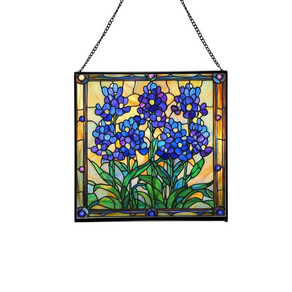 Tiffany Style Bluebonnet Flowers Square Stained Glass Suncatcher – Handmade Floral Hanging Window Panel for Elegant Home, Garden, Office Decor 50CA2