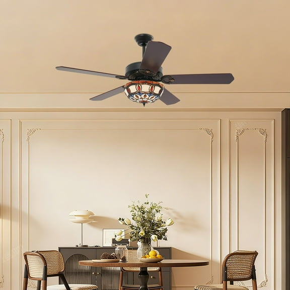 Tiffany Style Ceiling Fan Light with Remote Control, 52 Inch Mediterranean Style Stained Glass Vintage LED Ceiling Fan with 3 Speeds & 3 LED Lighting & 8 Hours, Reversible Wooden Blades, Mute Motor