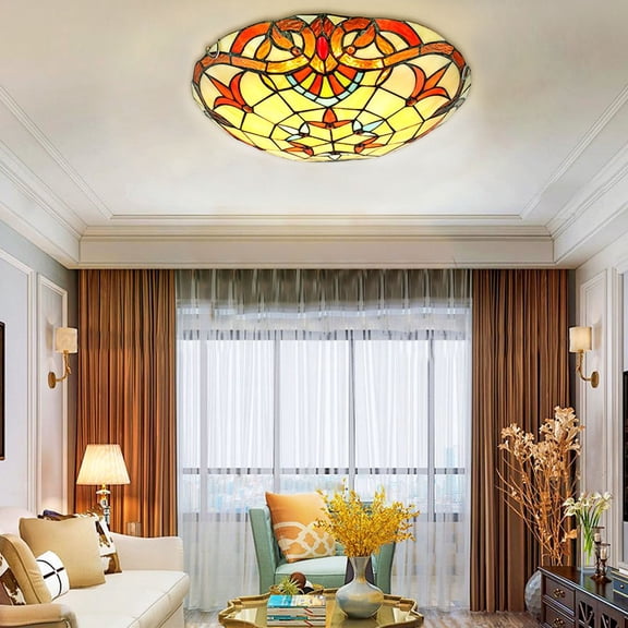 Tiffany Style Ceiling Lamp Flower Motif Stained Glass Flush Mount Light Fixture
