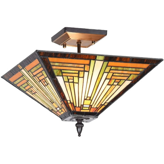 Tiffany Style Ceiling Light Fixtures 14” Wide Stained Glass Lamp Shade 2-Light Classical Mission Style Semi Flush Mount Ceiling Light
