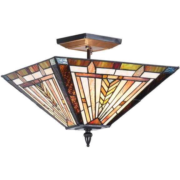 Tiffany Style Ceiling Light Fixtures 14 Wide Stained Glass Lamp Shade 2-Light Classical Mission Style Semi Flush Mount Ceiling Light