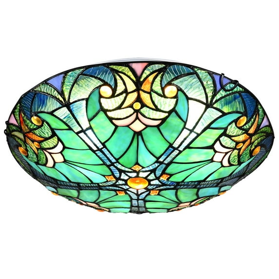 Tiffany Style Ceiling Light Fixtures 16” Wide Stained Glass Lamp Shade 2-Light Classical Victorian Style Semi Flush Mount Ceiling Light