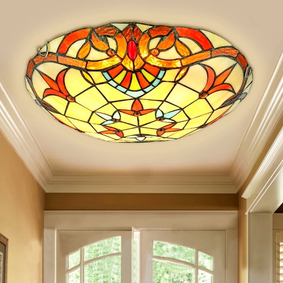 Tiffany Style Ceiling Light, Stained Glass Flush Mount Fixture with Flower Motif, E27 Base for Living Room Bedroom, 12 Inch Diameter