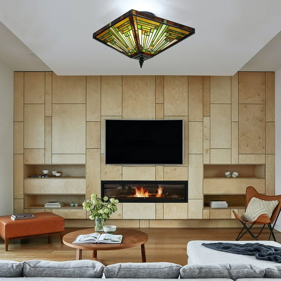 Tiffany Style Ceiling Light Wide Amber Brown Stained Glass Semi Flush Mount Ceiling Lamp for Kitchen Porch Entryway Bathroom Hallway 2 Light 14 Inches