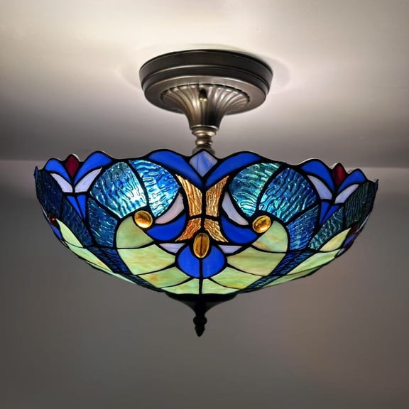 Tiffany Style Ceiling Lights Green Blue Stained Glass Crystal Beans LED Bulbs Included for Bed Room Living Room Entryway16"W*16"D*12"H
