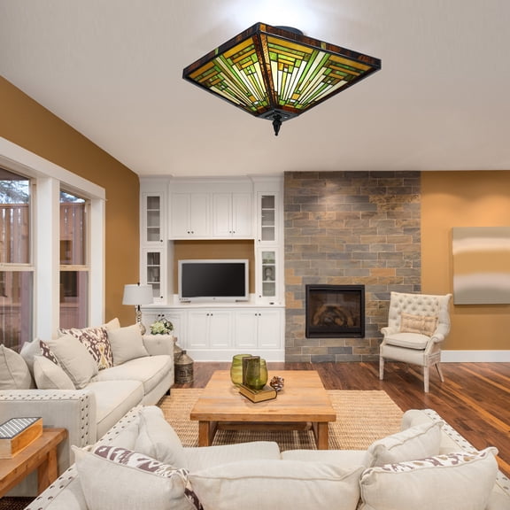 Tiffany Style Chandelier Stained Glass Vintage Ceiling Light Lamp 2 Light Fixture for Bedrooms, Study